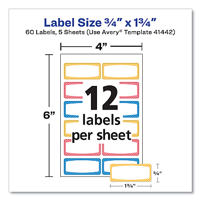 Avery Kids Handwritten Identification Labels, 1.75 x 0.75, Borders: Blue, Orange, Yellow, 12 Labels/Sheet, 5 Sheets/Pack (AVE41442)
