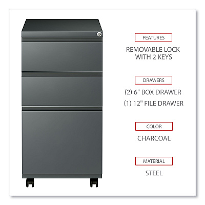 Alera File Pedestal with Full-Length Pull, Left or Right, 3-Drawers: Box/Box/File, Legal/Letter, Charcoal, 14.96" x 19.29" x 27.75" (ALEPBBBFCH)