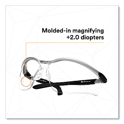 3M BX Molded-In Diopter Safety Glasses, 2.0+ Diopter Strength, Silver/Black Frame, Clear Lens (MMM1137500000)