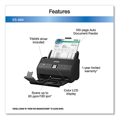 Epson WorkForce ES-865 Color Duplex Document Scanner, 600 dpi Optical Resolution, 100-Sheet Duplex Auto Document Feeder (B11B250202)