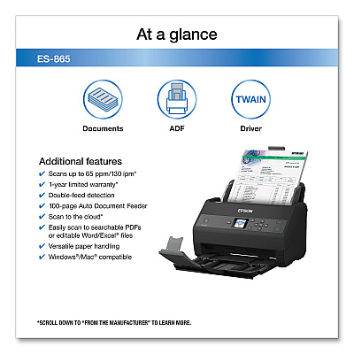 Epson WorkForce ES-865 Color Duplex Document Scanner, 600 dpi Optical Resolution, 100-Sheet Duplex Auto Document Feeder (B11B250202)