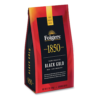 1850 Coffee, Black Gold, Dark Roast, Ground, 12 oz Bag, 6/Carton (FOL60516)
