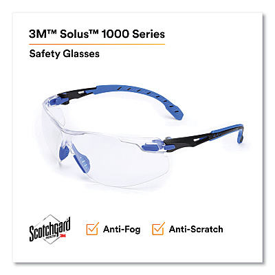 3M Solus 1000 Series Safety Glasses, Blue Plastic Frame, Clear Polycarbonate Lens (MMMS1101SGAF)
