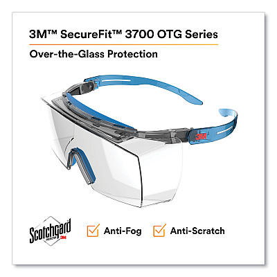 3M SecureFit Protective Eyewear, 3700 OTG Series, Blue Plastic Frame, Clean Polycarbonate Lens (MMMSF3701XSGAB)