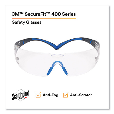 3M SecureFit Protective Eyewear, 400 Series, Black/Blue Plastic Frame, Clear Polycarbonate Lens (MMMSF401SGAFBLU)