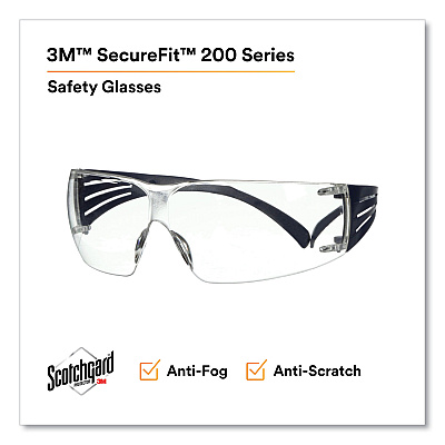 3M SecureFit Protective Eyewear, 200 Series, Dark Blue Plastic Frame, Clear Polycarbonate Lens (MMMSF201SGAFBLU)