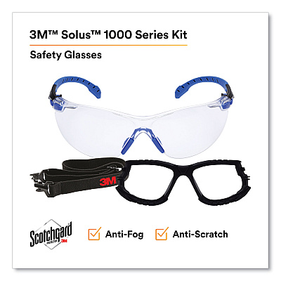 3M Solus 1000 Series Safety Glasses, Black/Blue Plastic Frame, Clear Polycarbonate Lens (MMMS1101SGAFKT)