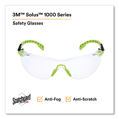 3M Solus 1000-Series Safety Glasses, Black/Green Plastic Frame, Clear Polycarbonate Lens (MMMS1201SGAF)
