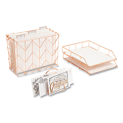 U Brands Letter-Size Desktop Fashion Filing Set, Rose Gold, (1) Rack, (3) Hanging Folders, (3) File Folders, (2) Trays,(1) Mail Sorter (UBR2104U0001)