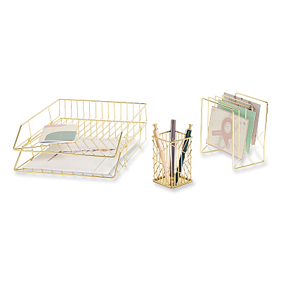 U Brands Vena Desktop Organization Kit, 8 Compartments, Letter Sorter, Paper Tray, Pencil Cup, Gold, Metal (UBR3940U0001)