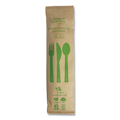 World Centric Bamboo Cutlery, Knife/Fork/Spoon/Napkin, 6.7", Natural, 250/Carton (WORASBBTN)