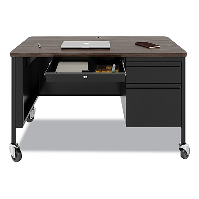 Hirsh Industries Mobile Teachers Pedestal Desks, Right-Hand Pedestal: Box/File Drawers, 48" x 30" x 29.5", Walnut/Black (HID22656)
