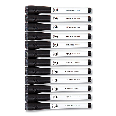 U Brands Medium Point Low-Odor Dry-Erase Markers with Erasers, Medium Bullet Tip, Black, Dozen (UBR2922U0012)