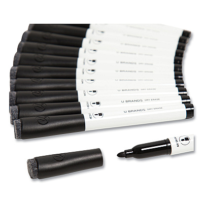 U Brands Medium Point Low-Odor Dry-Erase Markers with Erasers, Medium Bullet Tip, Black, Dozen (UBR2922U0012)