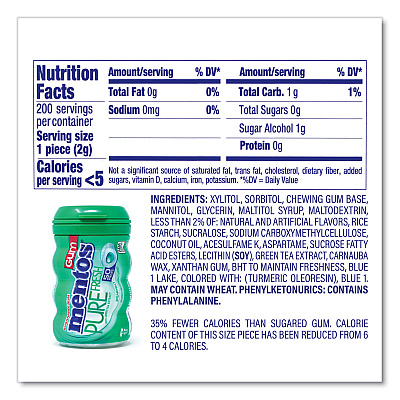 Mentos Pure Fresh Gum Variety Pack, Fresh Mint/Spearmint, 50 Pieces/Bottle, 8 Bottles/Carton (GRR60000727)