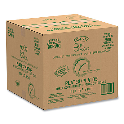 Dart Quiet Classic Laminated Foam Dinnerware, 3-Compartment Plate, 9" dia, White, 500/Carton (DCC9CPWQ)