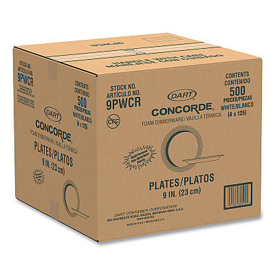 Dart Concorde Non-Laminated Foam Plates, 9" dia, White, 125/Pack (DCC9PWCRPK)