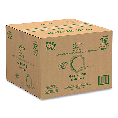 Dart Quiet Classic Laminated Foam Dinnerware, Plate, 10" dia, White, 500/Carton (DCC10PWQ)
