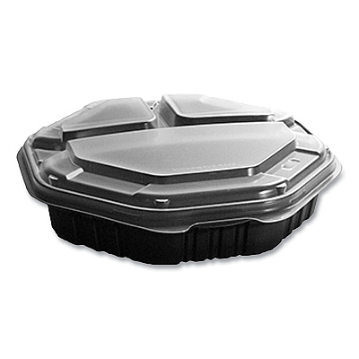 Solo OctaView Hinged-Lid Hot Food Containers, 3-Compartment, 38 oz, 9.55 x 9.1 x 2.4, Black/Clear, Plastic, 100/Carton (SCC809014PP94)