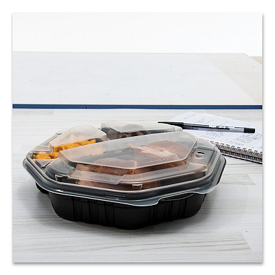Solo OctaView Hinged-Lid Hot Food Containers, 3-Compartment, 38 oz, 9.55 x 9.1 x 2.4, Black/Clear, Plastic, 100/Carton (SCC809014PP94)