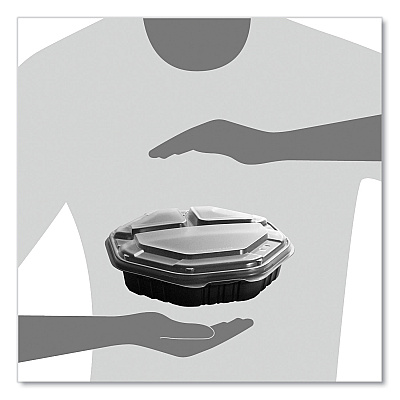 Solo OctaView Hinged-Lid Hot Food Containers, 3-Compartment, 38 oz, 9.55 x 9.1 x 2.4, Black/Clear, Plastic, 100/Carton (SCC809014PP94)