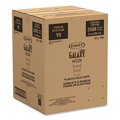 Dart High-Impact Polystyrene Cold Cups, 9 oz, Translucent, 100 Cups/Sleeve, 25 Sleeves/Carton (DCCY9CT)