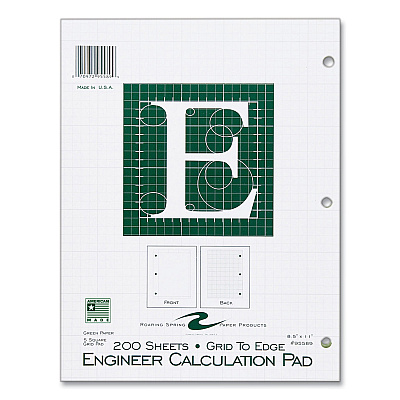 Roaring Spring Engineer Pad, (1.25" Margin), Quad Rule (5 sq/in, 1 sq/in), 200 Light Green 8.5 x 11 Sheets/Pad, 12/Carton (ROA95589CS)