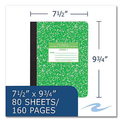 Roaring Spring Ruled Composition Book, Grade 1 Manuscript Format, Green Marble Cover, (80) 9.75 x 7.5 Sheets, 48/Carton (ROA97225CS)