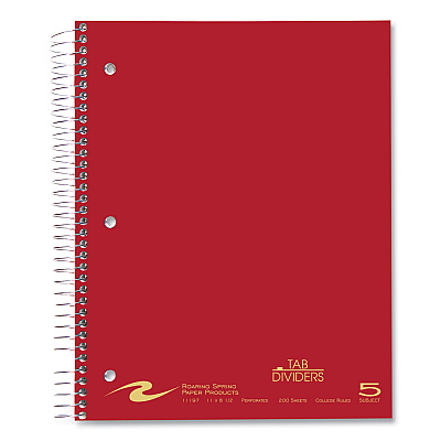Roaring Spring Wirebound Notebook with Tabs, 5-Subject, College Rule, Randomly Assorted Covers, (200) 11 x 8.5 Sheets, 12/Carton (ROA11197CS)