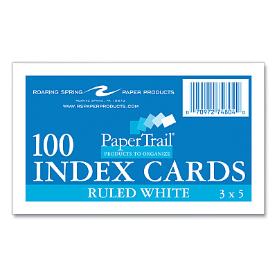 Roaring Spring White Index Cards, Narrow Ruled, 3 x 5, White, 100 Cards/Pack, 36/Carton (ROA74804CS)