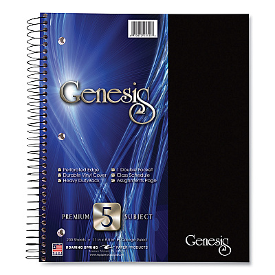 Roaring Spring Genesis Notebook, 5-Subject, Medium/College Rule, Randomly Assorted Cover Color, (200) 11 x 9 Sheets, 12/Carton (ROA13115CS)
