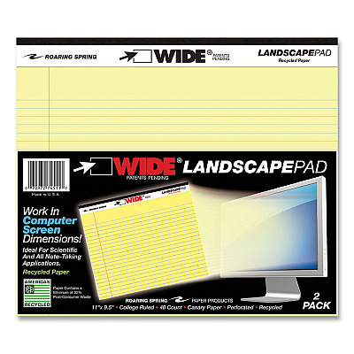Roaring Spring WIDE Landscape Format Writing Pad, Medium/College Rule, 40 Canary 11 x 9.5 Sheets, 18/Carton (ROA74511CS)