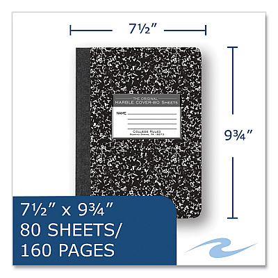 Roaring Spring Hardcover Marble Composition Book, Med/College Rule, Black Marble Cover, (80) 9.75 x 7.5 Sheet, 48/CT (ROA77226CS)