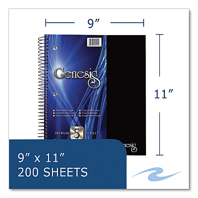 Roaring Spring Genesis Notebook, 5-Subject, Medium/College Rule, Randomly Assorted Cover Color, (200) 11 x 9 Sheets, 12/Carton (ROA13115CS)