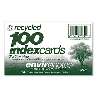 Roaring Spring Environotes Recycled Index Cards, Narrow Rule, 3 x 5 White, 100 Cards, 36/Carton (ROA74824CS)