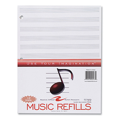 Roaring Spring Music Filler Paper, 3-Hole Punched, 8.5 x 11, Music Transcription Format, 20 Sheets/Pack, 24 Packs/Carton (ROA20177CS)