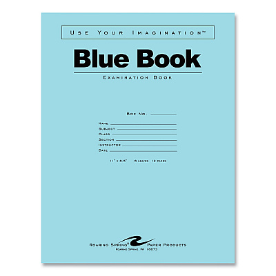 Roaring Spring Examination Blue Book, Wide/Legal Rule, Blue Cover, (6) 11 x 8.5 Sheets, 500/Carton (ROA77516CS)
