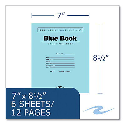 Roaring Spring Examination Blue Book, Wide/Legal Rule, Blue Cover, (6) 8.5 x 7 Sheets, 1,000/Carton (ROA77511CS)