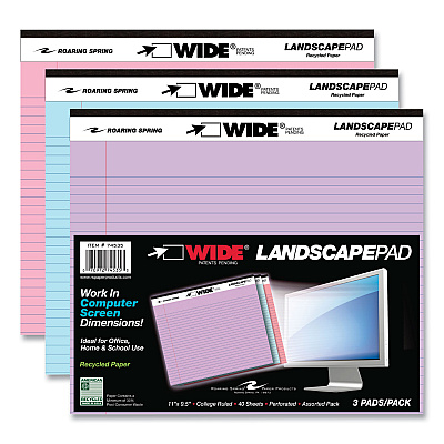 Roaring Spring WIDE Landscape Format Writing Pad, Medium/College Rule, 40 Assorted Colors 11 x 9.5 Sheets, 12/Carton (ROA74535CS)