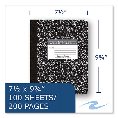 Roaring Spring Hardcover Marble Composition Book, Med/College Rule, Black Marble Cover, (100) 9.75 x 7.5 Sheets, 24/Carton (ROA77264CS)