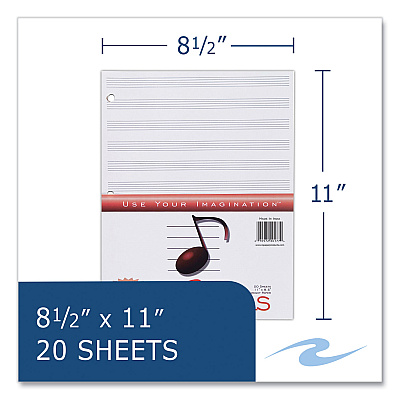Roaring Spring Music Filler Paper, 3-Hole Punched, 8.5 x 11, Music Transcription Format, 20 Sheets/Pack, 24 Packs/Carton (ROA20177CS)