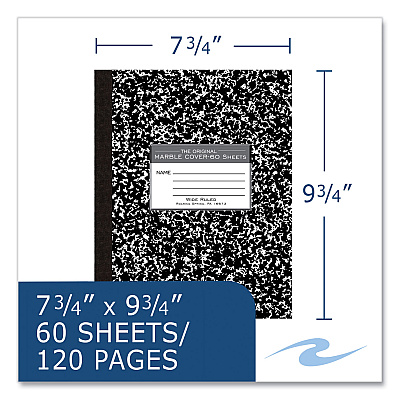 Roaring Spring Flexible Cover Composition Notebook, Wide/Legal Rule, Black Marble Cover, (60) 10 x 8 Sheets, 72/Carton (ROA77505CS)