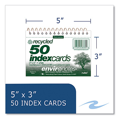 Roaring Spring Environotes Wirebound Recycled Index Cards, Narrow Rule, 3 x 5, White, 50 Cards, 24/Carton (ROA28335CS)