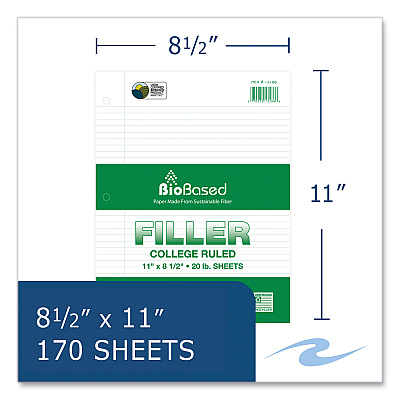 Roaring Spring Filler Paper, 3-Hole, 8.5 x 11, College Rule, 170 Sheets/Pack, 12 Packs/Carton (ROA13186CS)