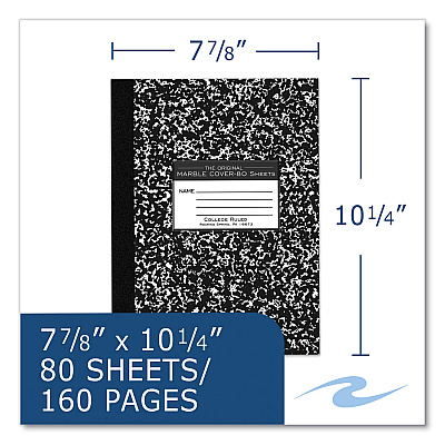 Roaring Spring Flexible Cover Composition Book, Med/College Rule, Black Marble Cover, (80) 10.25 x 7.88 Sheets, 48/Carton (ROA77481CS)