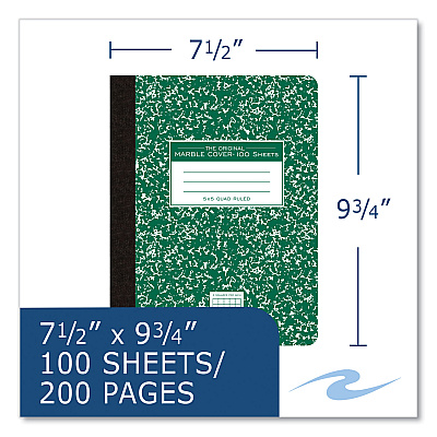 Roaring Spring Hardcover Composition Book, Quadrille 5 sq/in Rule, Green Marble Cover, (100) 9.75 x 7.5 Sheets, 24/Carton (ROA77255CS)