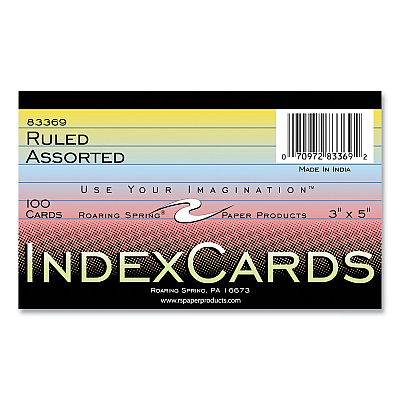 Roaring Spring Colored Index Cards, 3 x 5, Assorted Colors, 100/Pack, 36 Packs/Carton (ROA83369CS)