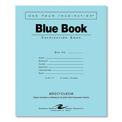 Roaring Spring Recycled Exam Book, Wide/Legal Rule, Blue Cover, (8) 8.5 x 7 Sheets, 600/Carton (ROA77608CS)