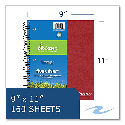 Roaring Spring Earthtones BioBased 5 Subject Notebook, Medium/College Rule, Randomly Assorted Covers, (160) 11x9 Sheets, 12/Carton (ROA13367CS)
