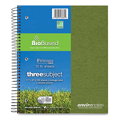 Roaring Spring Earthtones BioBased 3 Subject Notebook, Medium/College Rule, Randomly Assorted Covers, (120) 11 x 9 Sheets, 24/Carton (ROA13365CS)